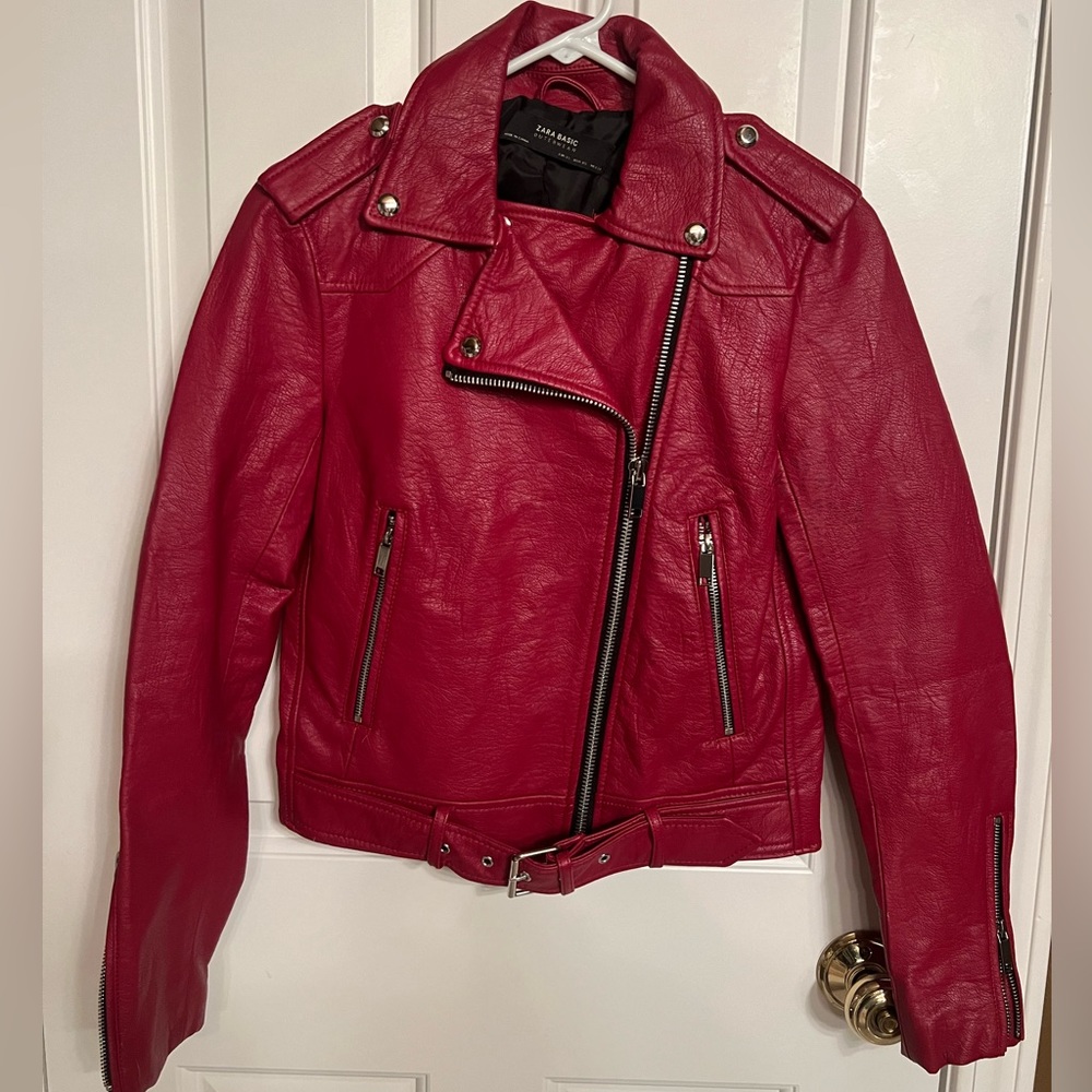 Zara red faux leather jacket sz xs
